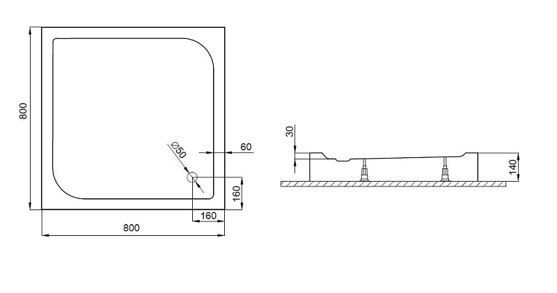 OCEANO Szögletes akril zuhanytálca 80x80x14cm EU