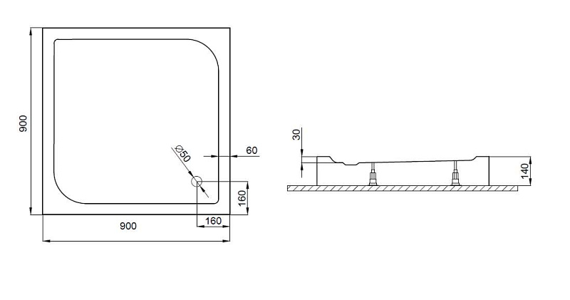 OCEANO Szögletes akril zuhanytálca 90x90x14cm EU