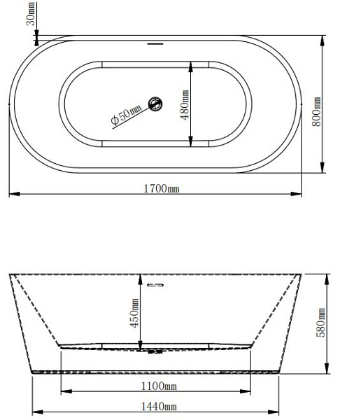 OCEANO Akril szabadonálló fürdőkád 170x80cm